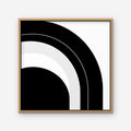 Monochrome Arc Canvas Art – square black and white geometric abstract print in an oak floating frame on a white background