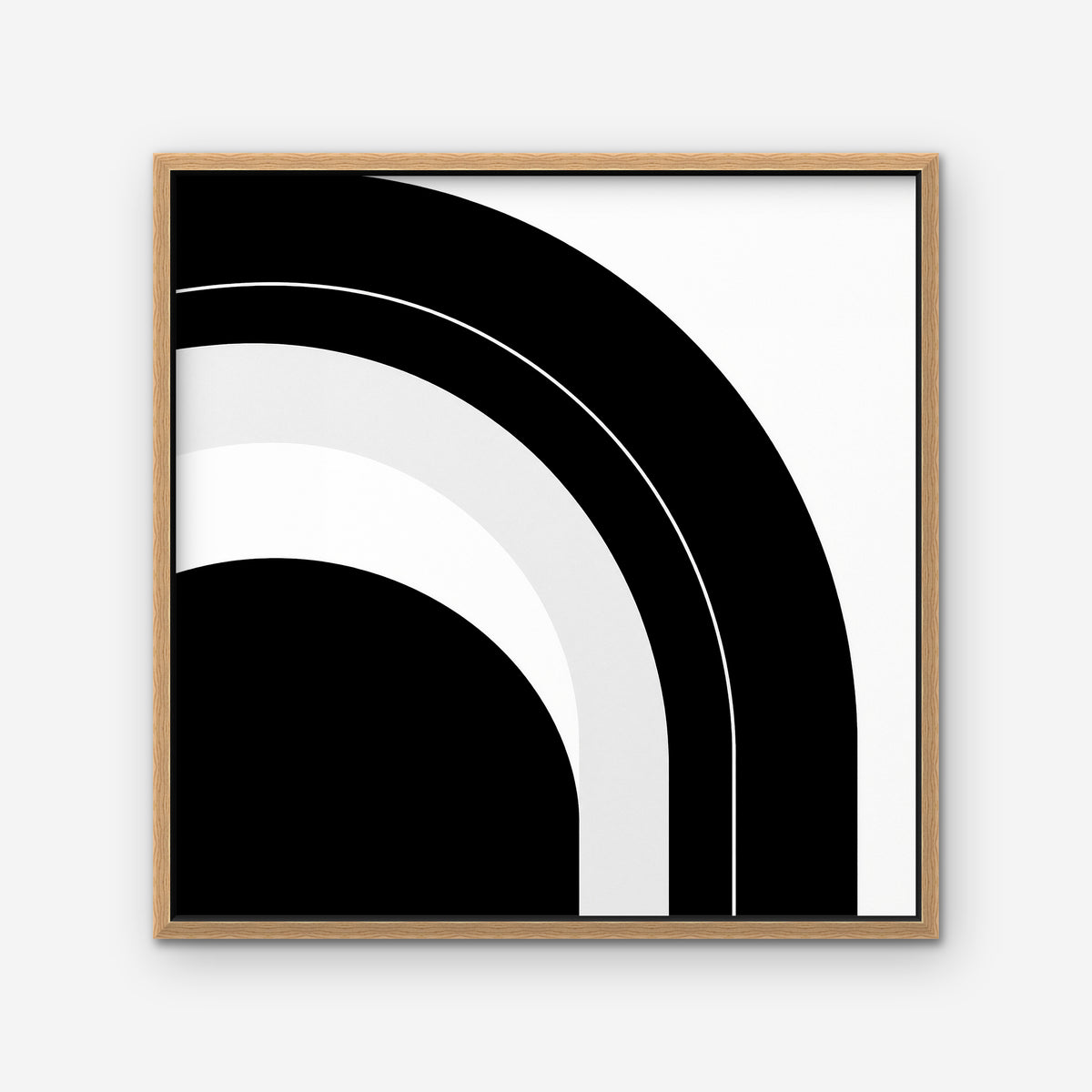 Monochrome Arc Canvas Art – square black and white geometric abstract print in an oak floating frame on a white background