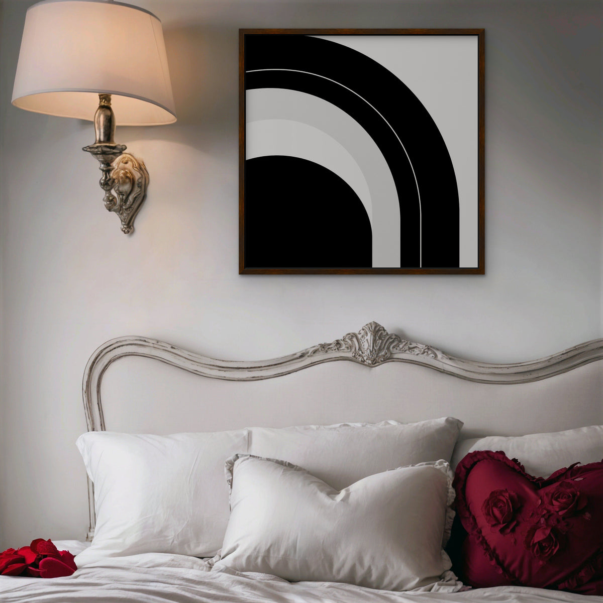 Monochrome Arc Canvas Art – square black and white geometric abstract print in a walnut floating frame in a bedroom