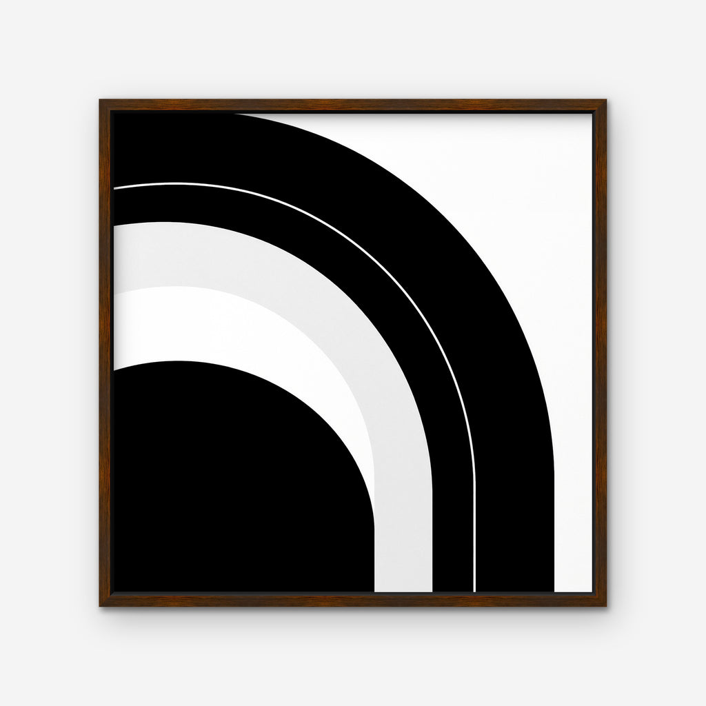 Monochrome Arc Canvas Art – square black and white geometric abstract print in a walnut floating frame on a white background
