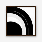 Monochrome Arc Canvas Art – square black and white geometric abstract print in a walnut floating frame on a white background