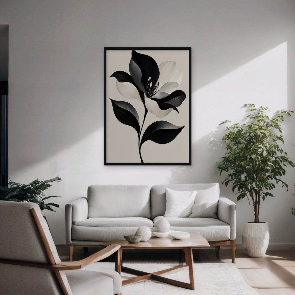 Monochrome Lily Canvas Art - Vertical – Black Floating Frame in room setting
