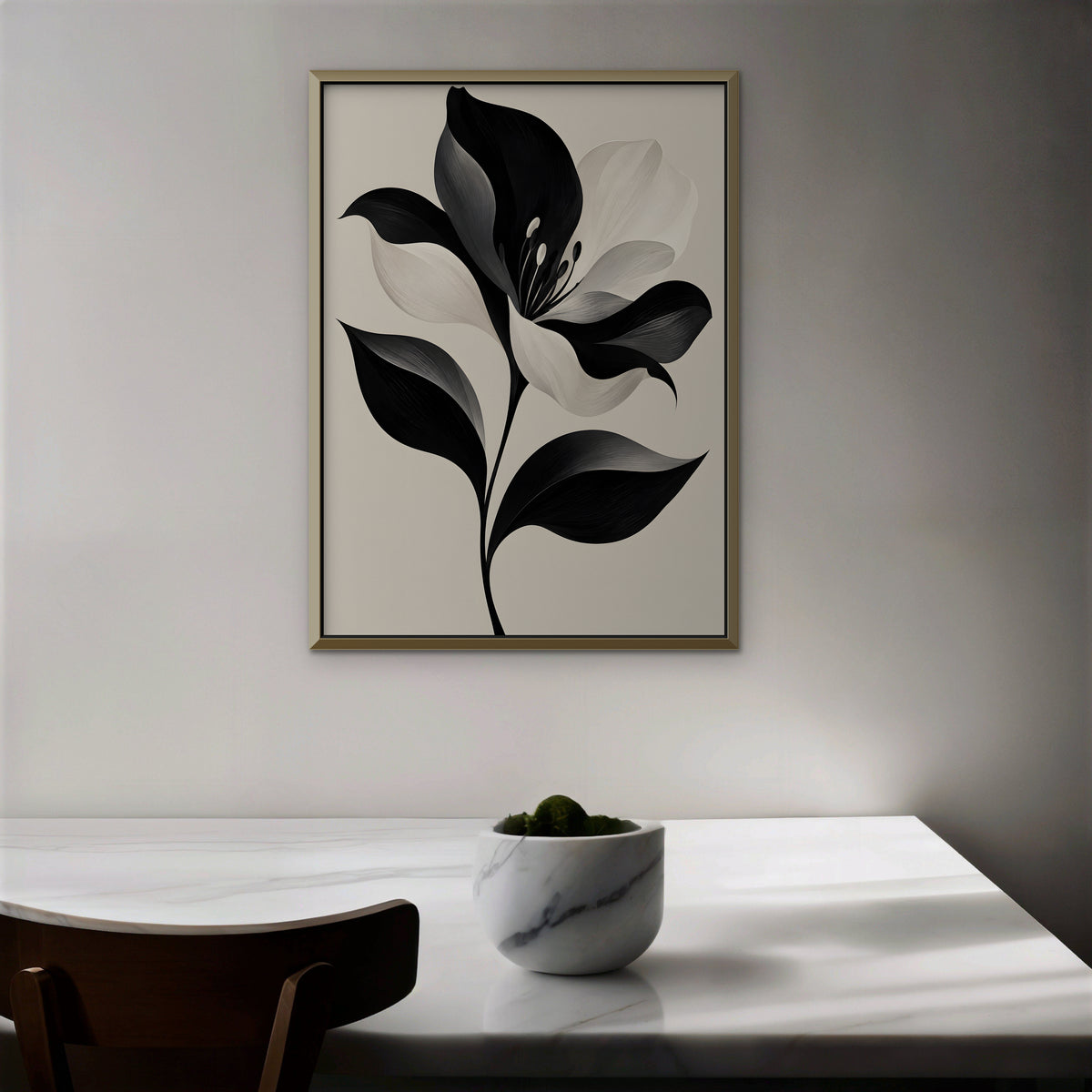 Monochrome Lily Canvas Art - Vertical – Gold Floating Frame in room setting