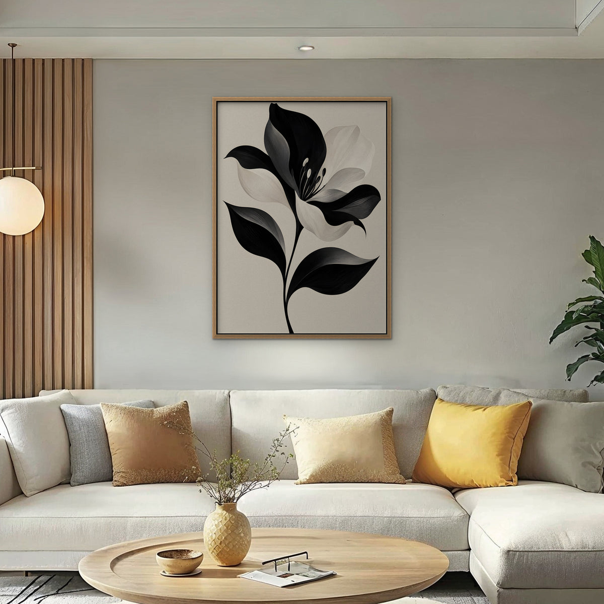 Monochrome Lily Canvas Art - Vertical – Oak Floating Frame in room setting
