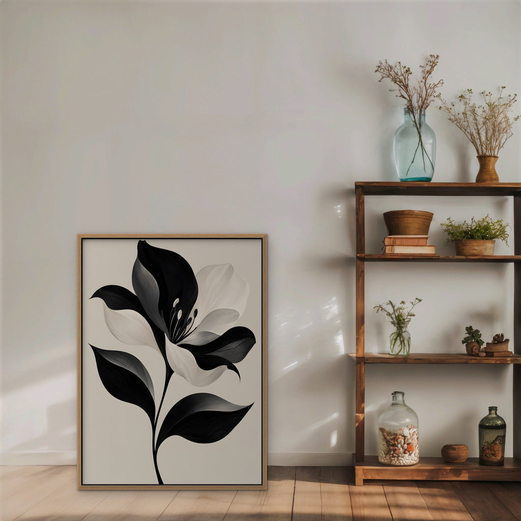 Monochrome Lily Canvas Art - Vertical – Oak Floating Frame in room setting