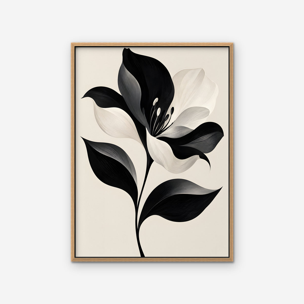 Monochrome Lily Canvas Art - Vertical – Oak Floating Frame on white background