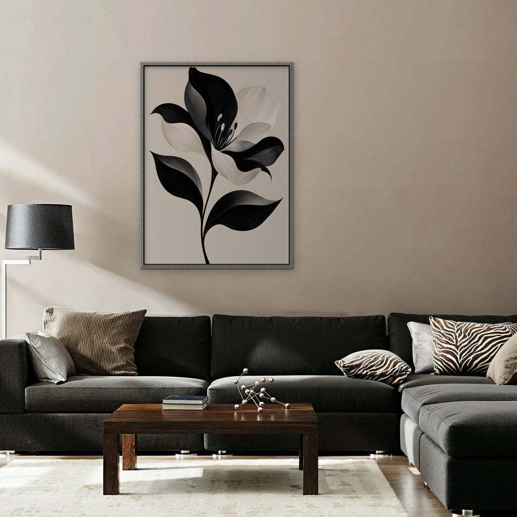Monochrome Lily Canvas Art - Vertical – Silver Floating Frame in room setting