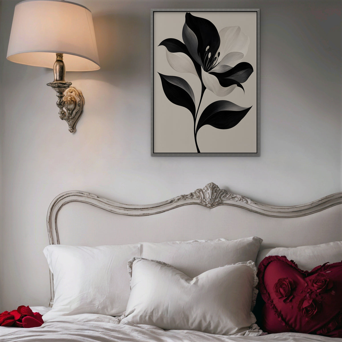 Monochrome Lily Canvas Art - Vertical – Silver Floating Frame in room setting