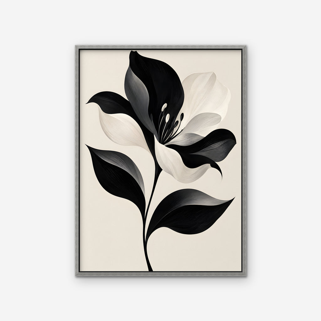 Monochrome Lily Canvas Art - Vertical – Silver Floating Frame on white background