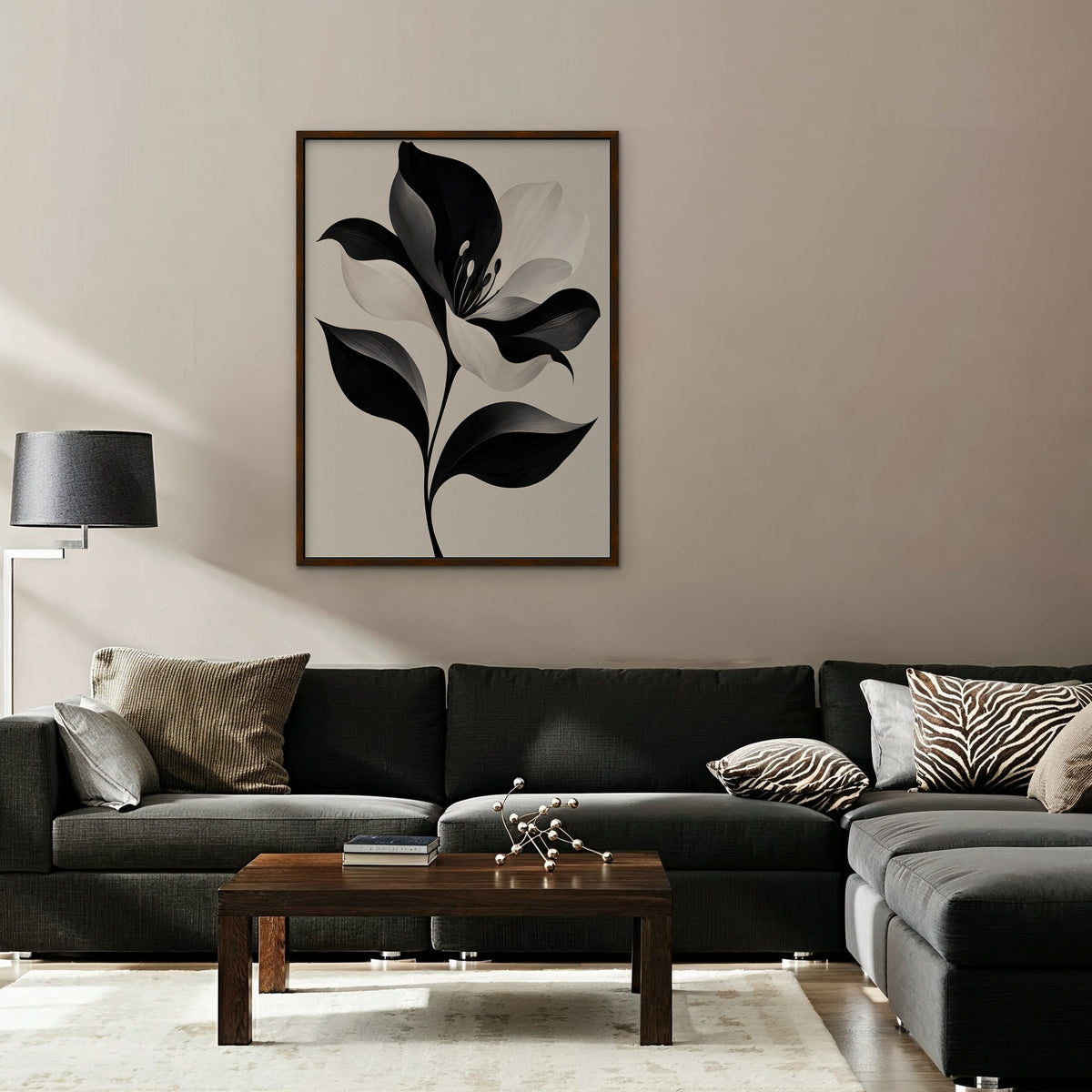 Monochrome Lily Canvas Art - Vertical – Walnut Floating Frame in room setting