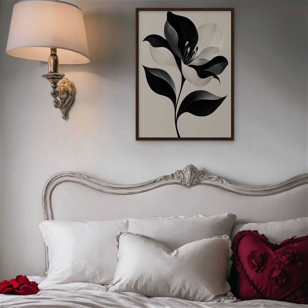 Monochrome Lily Canvas Art - Vertical – Walnut Floating Frame in room setting