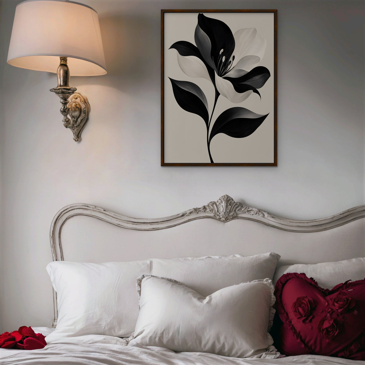 Monochrome Lily Canvas Art - Vertical – Walnut Floating Frame in room setting