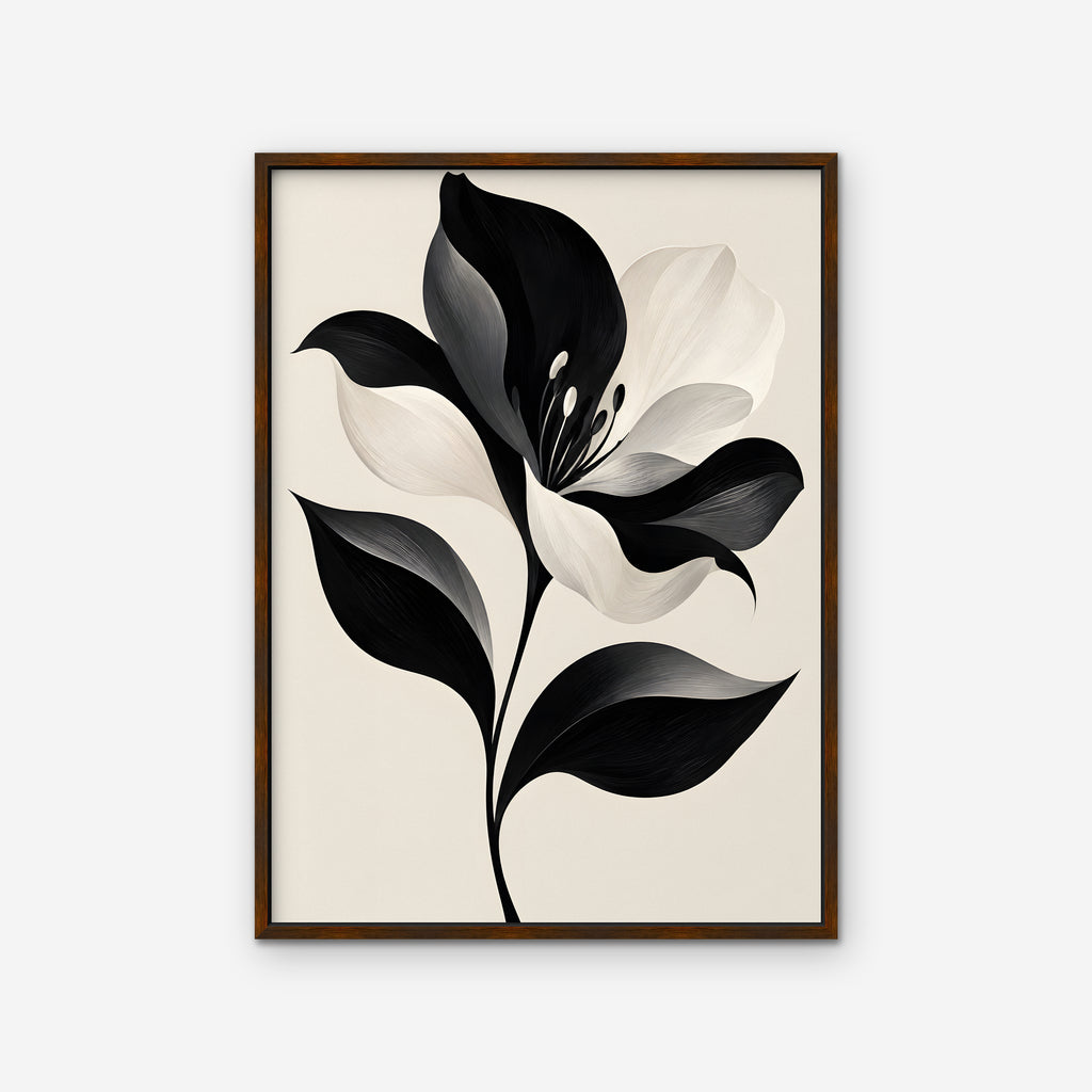 Monochrome Lily Canvas Art - Vertical – Walnut Floating Frame on white background
