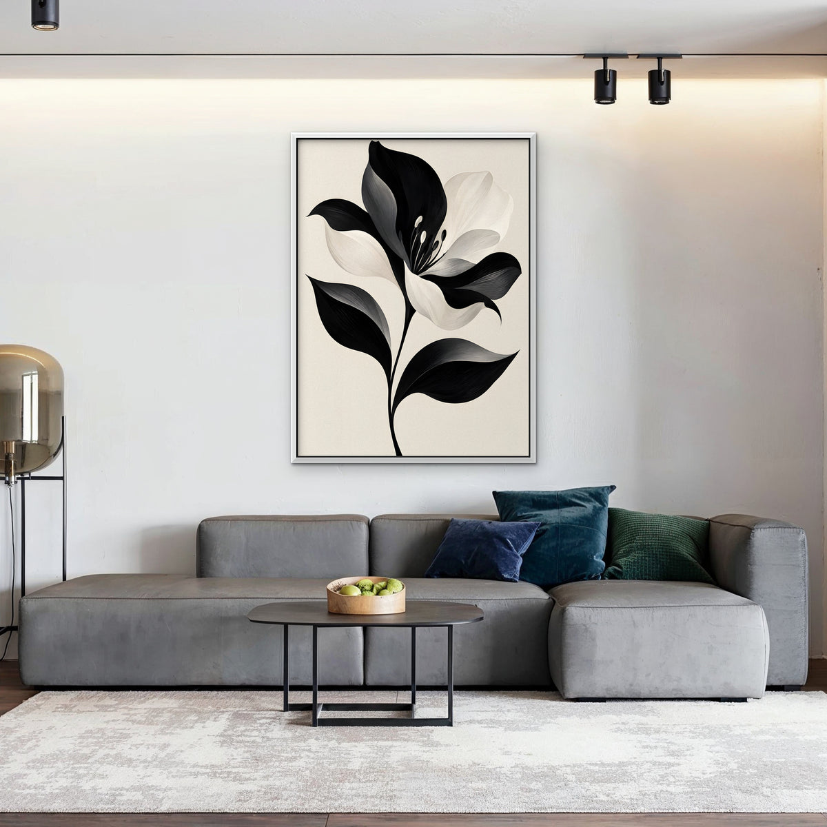 Monochrome Lily Canvas Art - Vertical – White Floating Frame in room setting