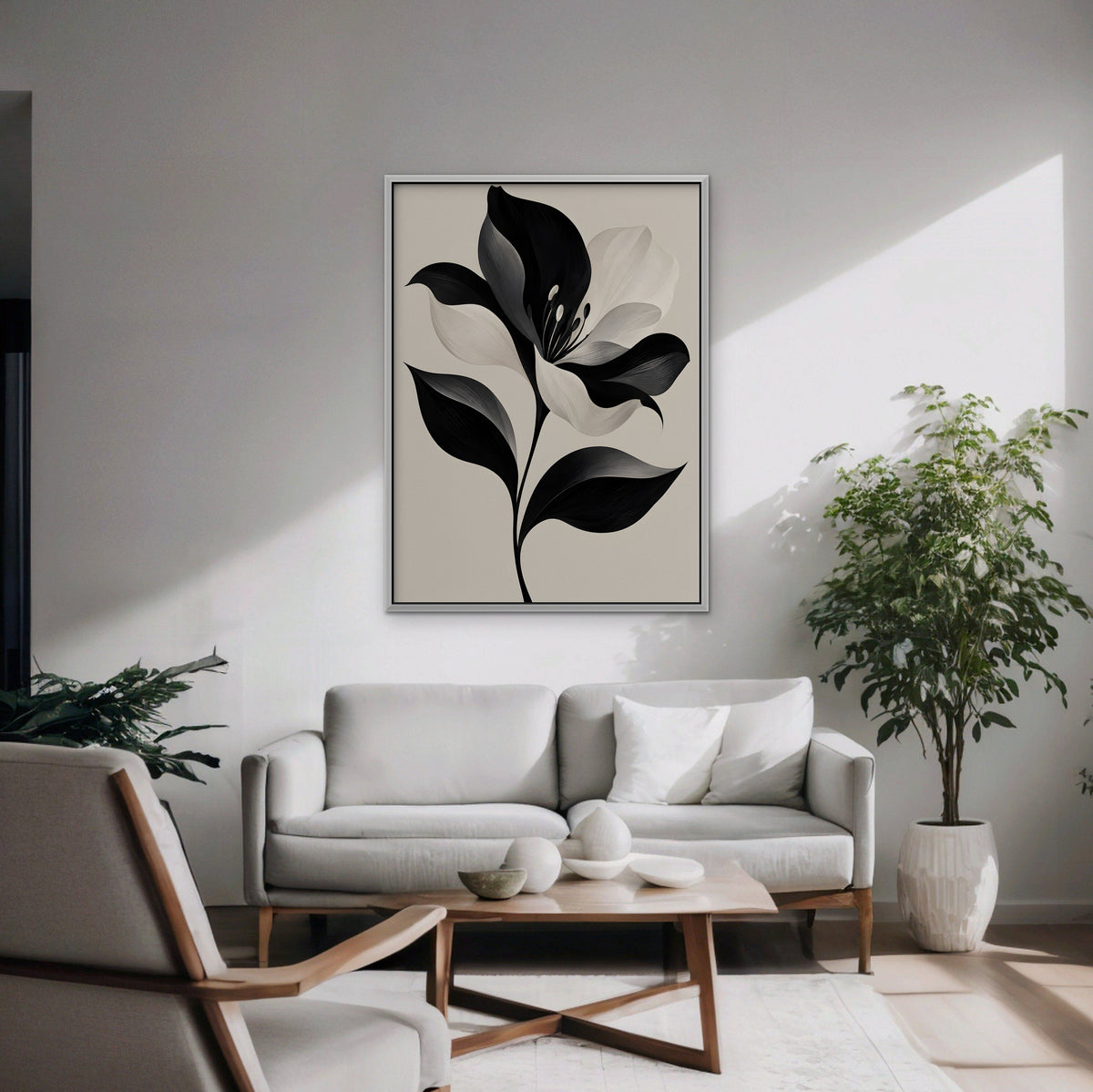 Monochrome Lily Canvas Art - Vertical – White Floating Frame in room setting