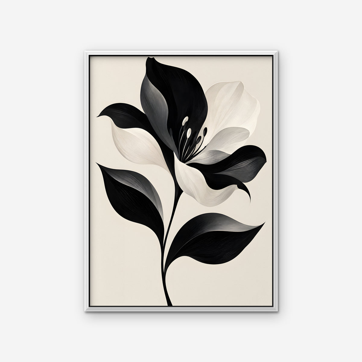 Monochrome Lily Canvas Art - Vertical – White Floating Frame on white background