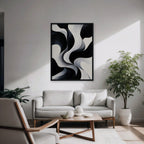 Monochrome Swirl Canvas Art - Vertical – Black Floating Frame in room setting