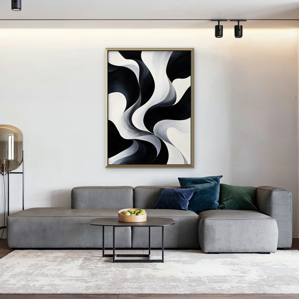 Monochrome Swirl Canvas Art - Vertical – Gold Floating Frame in room setting