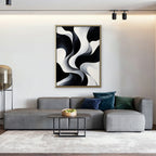 Monochrome Swirl Canvas Art - Vertical – Gold Floating Frame in room setting