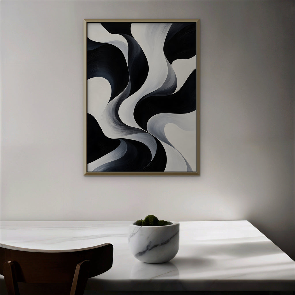 Monochrome Swirl Canvas Art - Vertical – Gold Floating Frame in room setting
