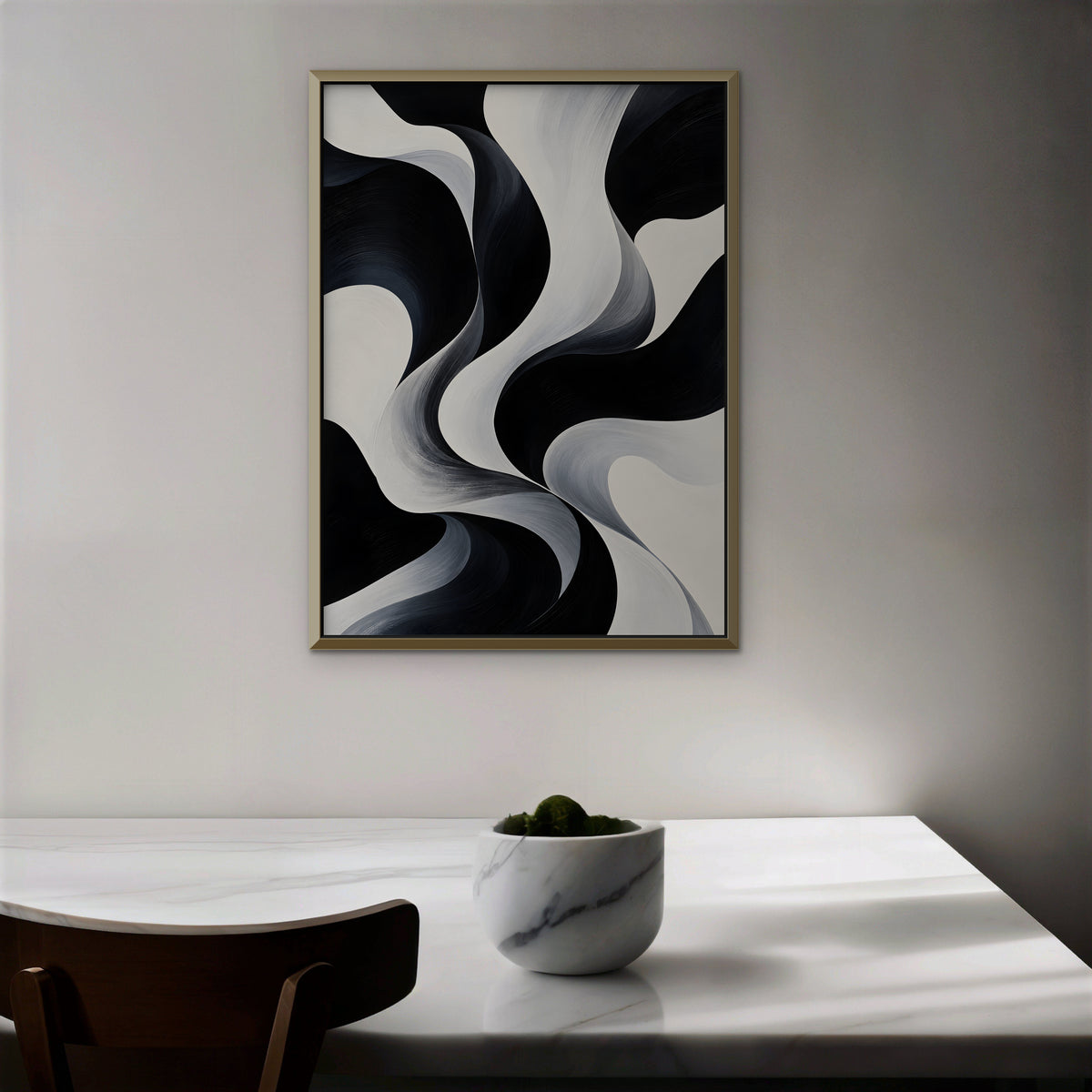 Monochrome Swirl Canvas Art - Vertical – Gold Floating Frame in room setting