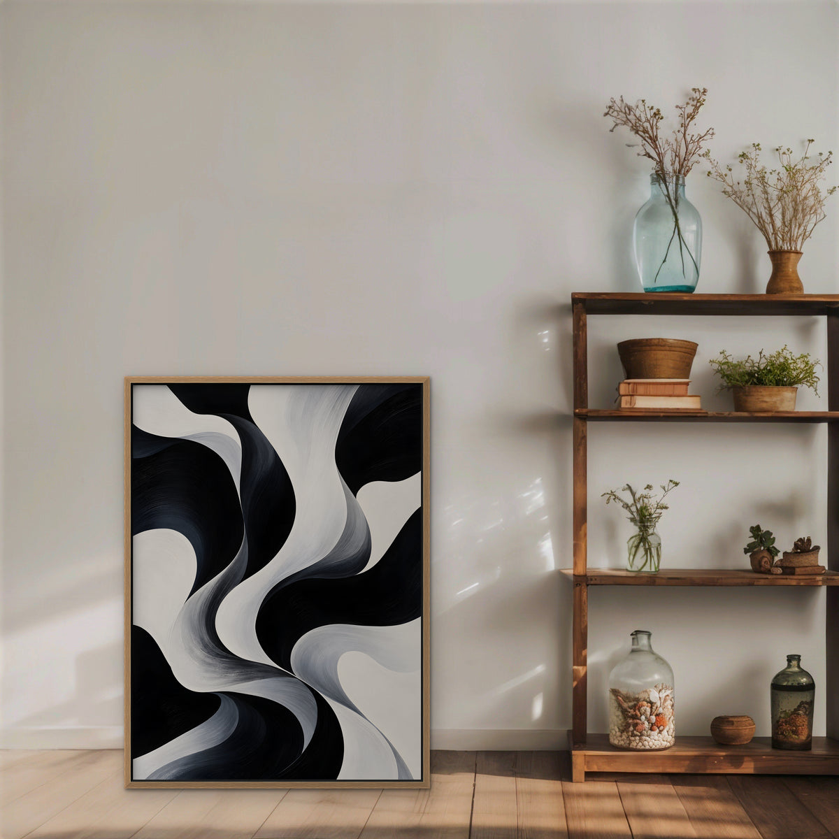 Monochrome Swirl Canvas Art - Vertical – Oak Floating Frame in room setting