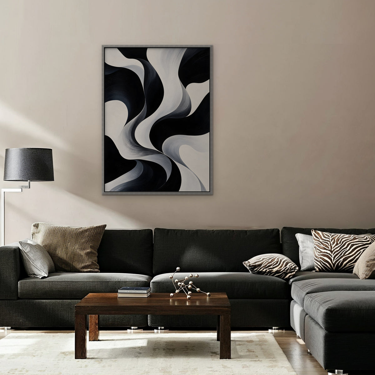 Monochrome Swirl Canvas Art - Vertical – Silver Floating Frame in room setting