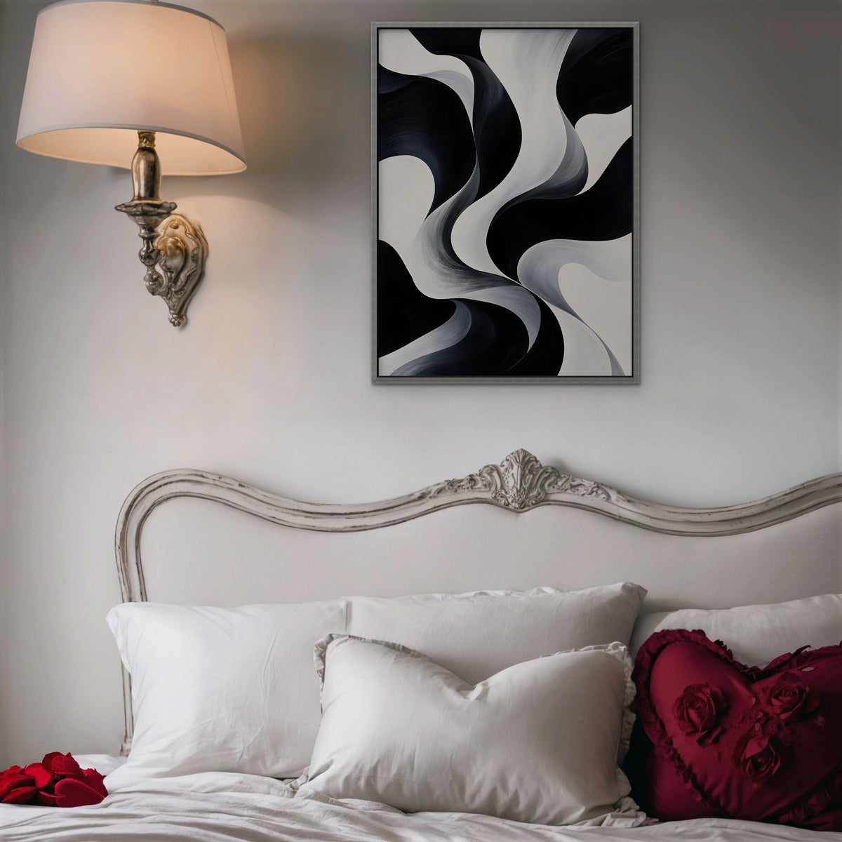 Monochrome Swirl Canvas Art - Vertical – Silver Floating Frame in room setting