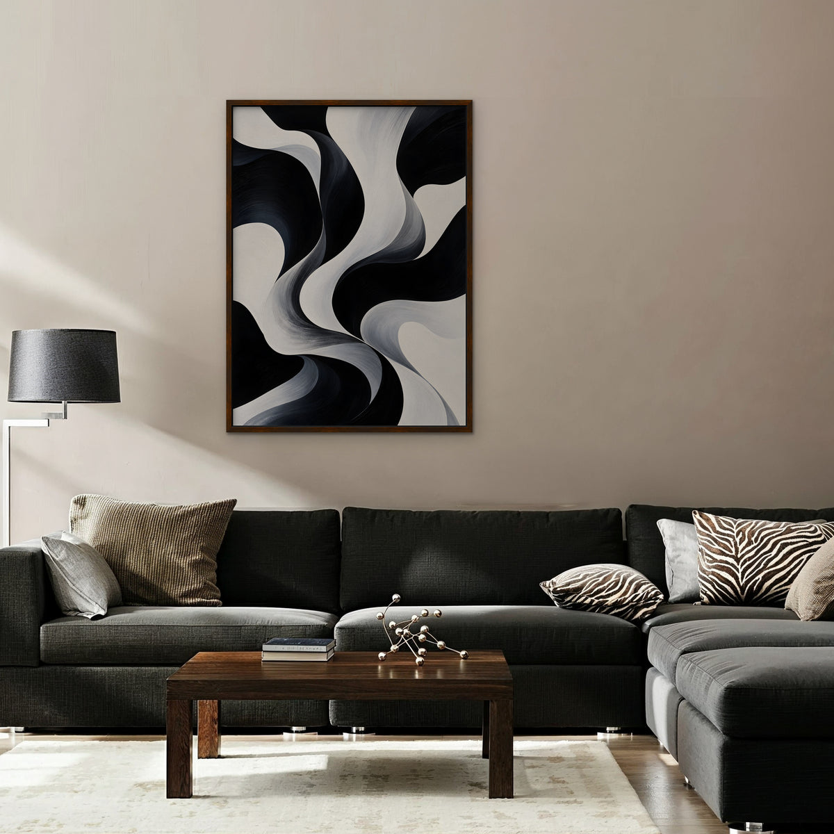 Monochrome Swirl Canvas Art - Vertical – Walnut Floating Frame in room setting