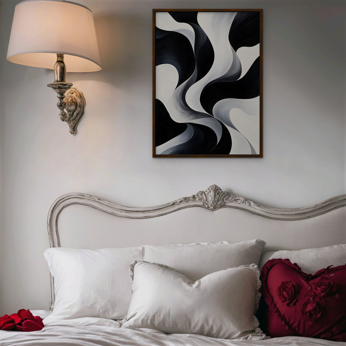 Monochrome Swirl Canvas Art - Vertical – Walnut Floating Frame in room setting