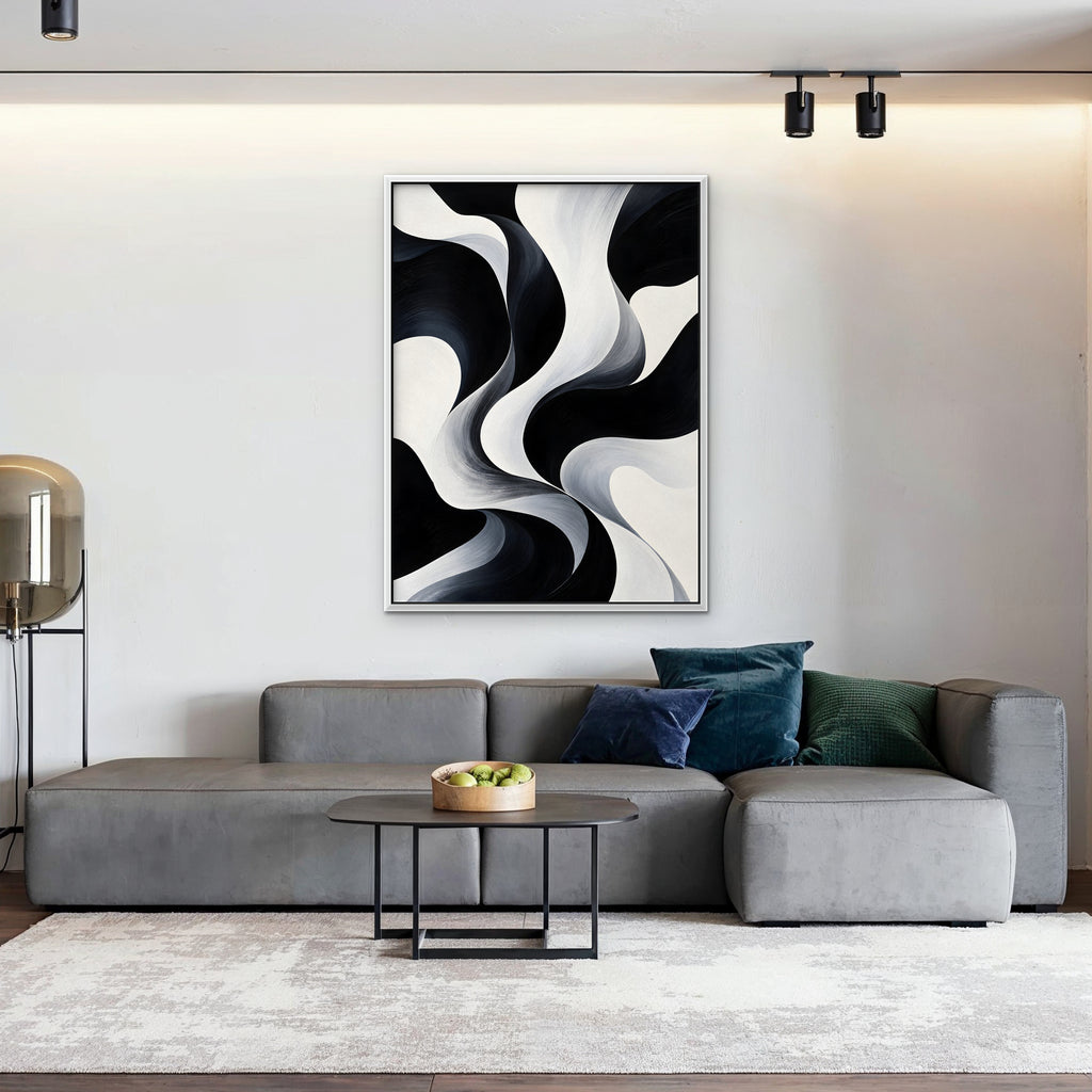 Monochrome Swirl Canvas Art - Vertical – White Floating Frame in room setting