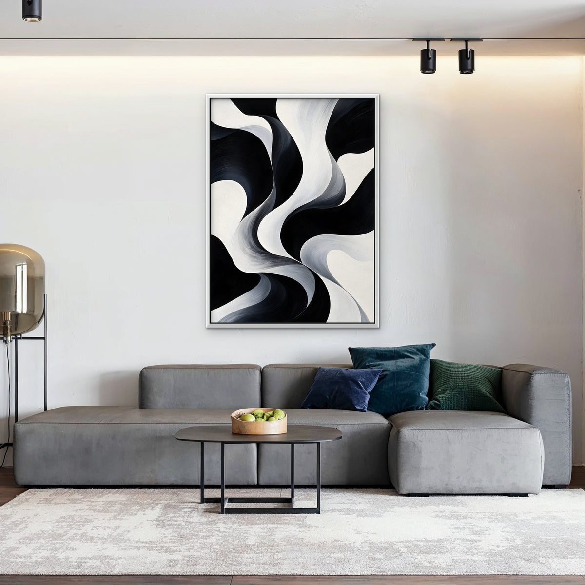 Monochrome Swirl Canvas Art - Vertical – White Floating Frame in room setting