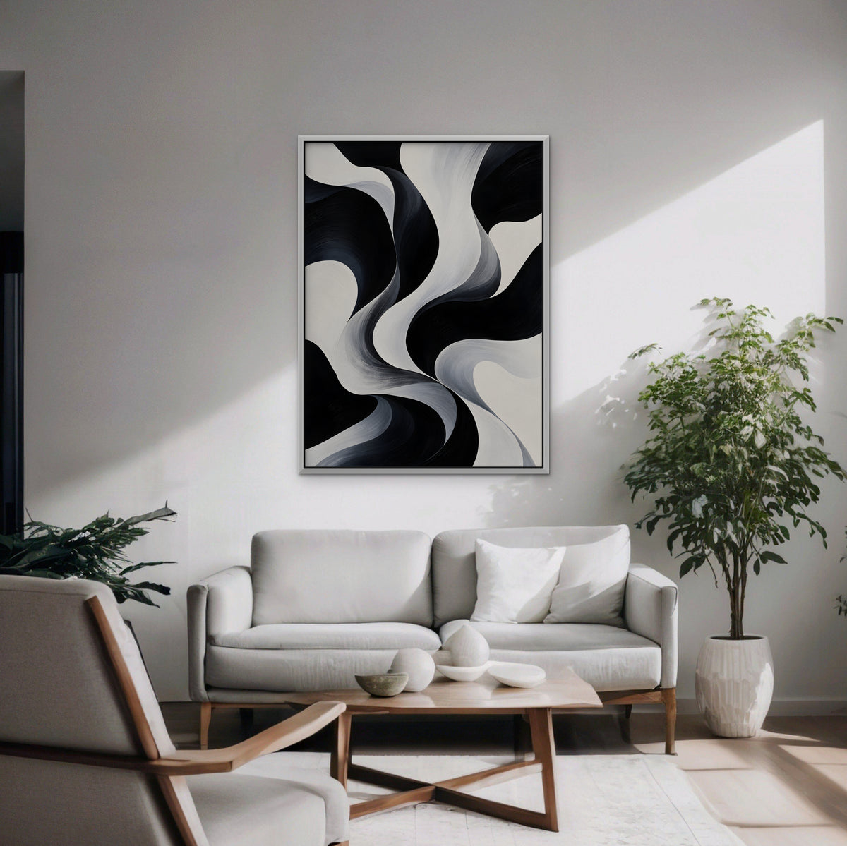 Monochrome Swirl Canvas Art - Vertical – White Floating Frame in room setting