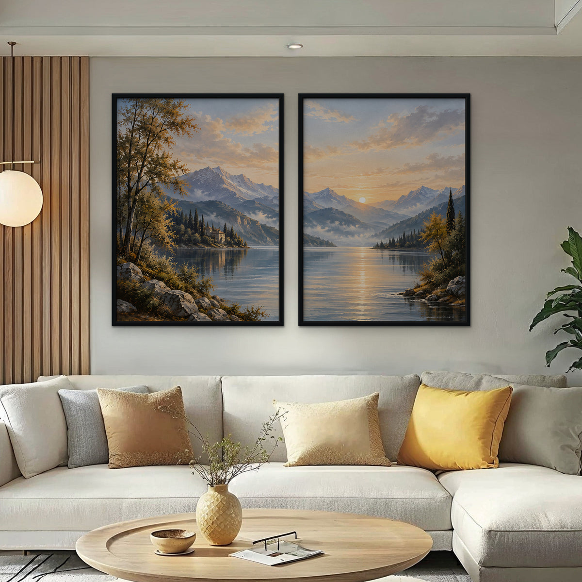Mountain Lake Sunrise Canvas Art - Set of 2 – Black Floating Frame in room setting