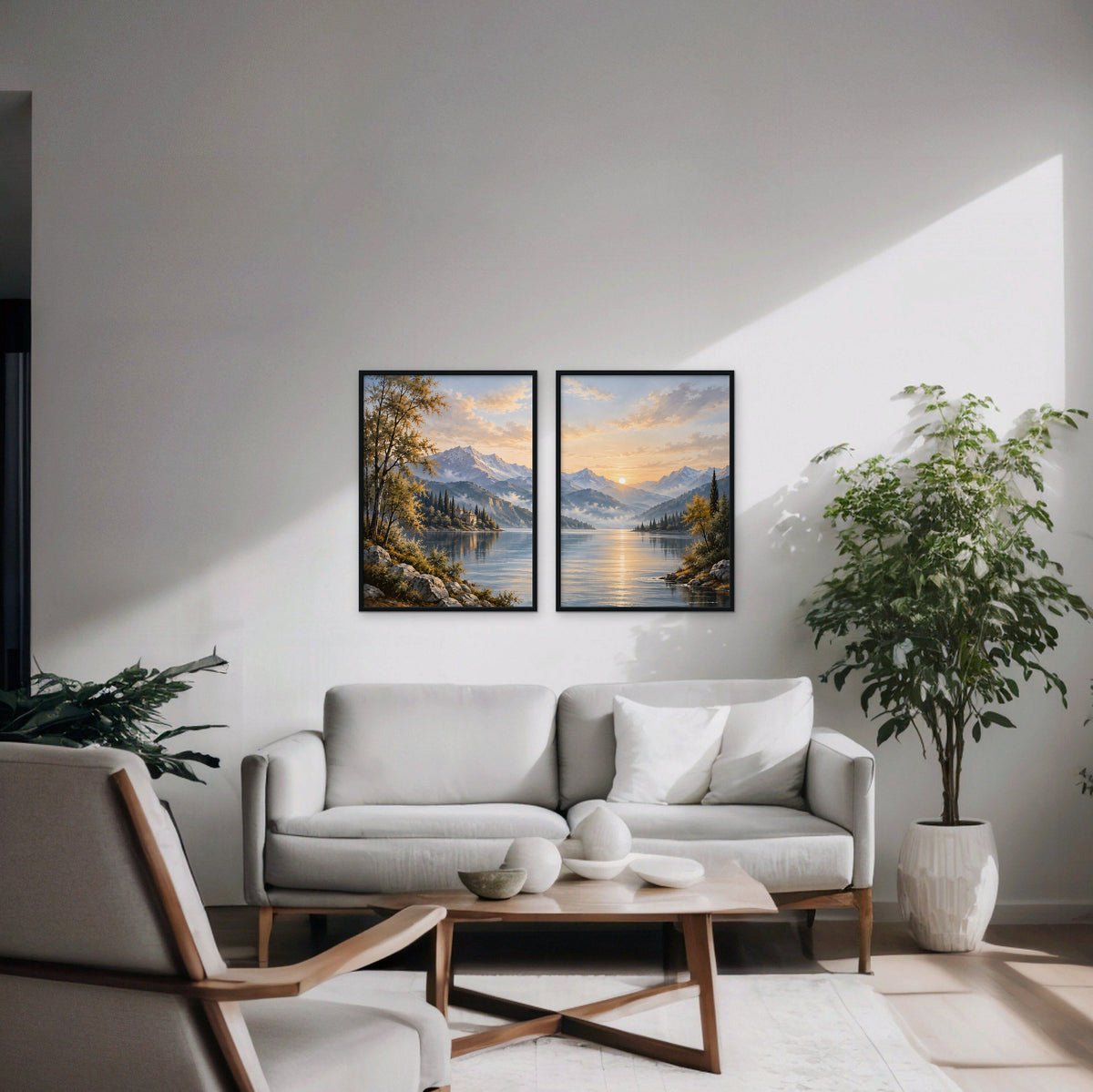 Mountain Lake Sunrise Canvas Art - Set of 2 – Black Floating Frame in room setting