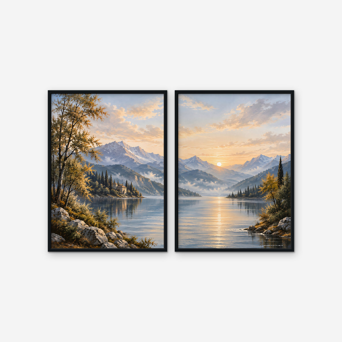 Mountain Lake Sunrise Canvas Art - Set of 2 – Black Floating Frame on white background