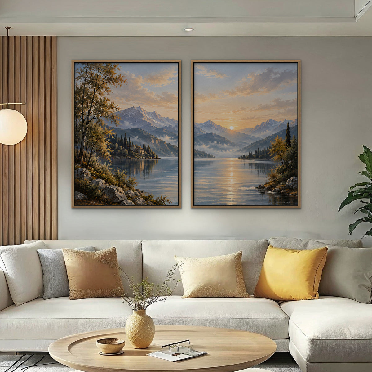 Mountain Lake Sunrise Canvas Art - Set of 2 – Oak Floating Frame in room setting