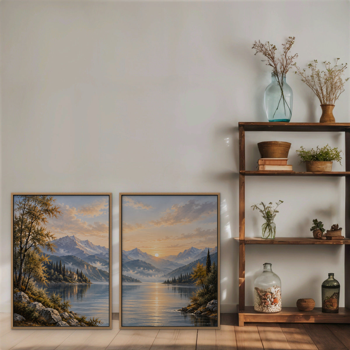 Mountain Lake Sunrise Canvas Art - Set of 2 – Oak Floating Frame in room setting