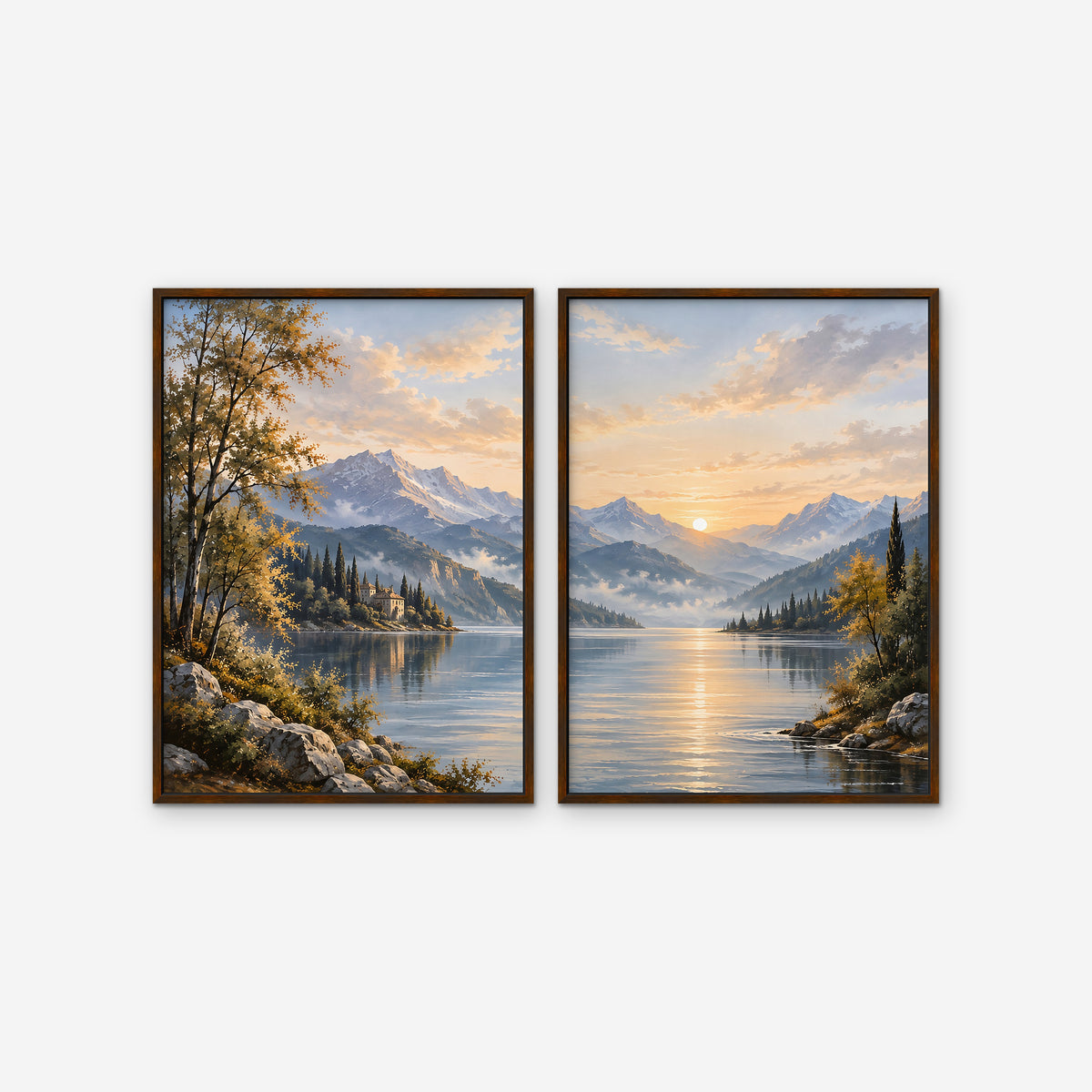 Mountain Lake Sunrise Canvas Art - Set of 2 – Walnut Floating Frame on white background