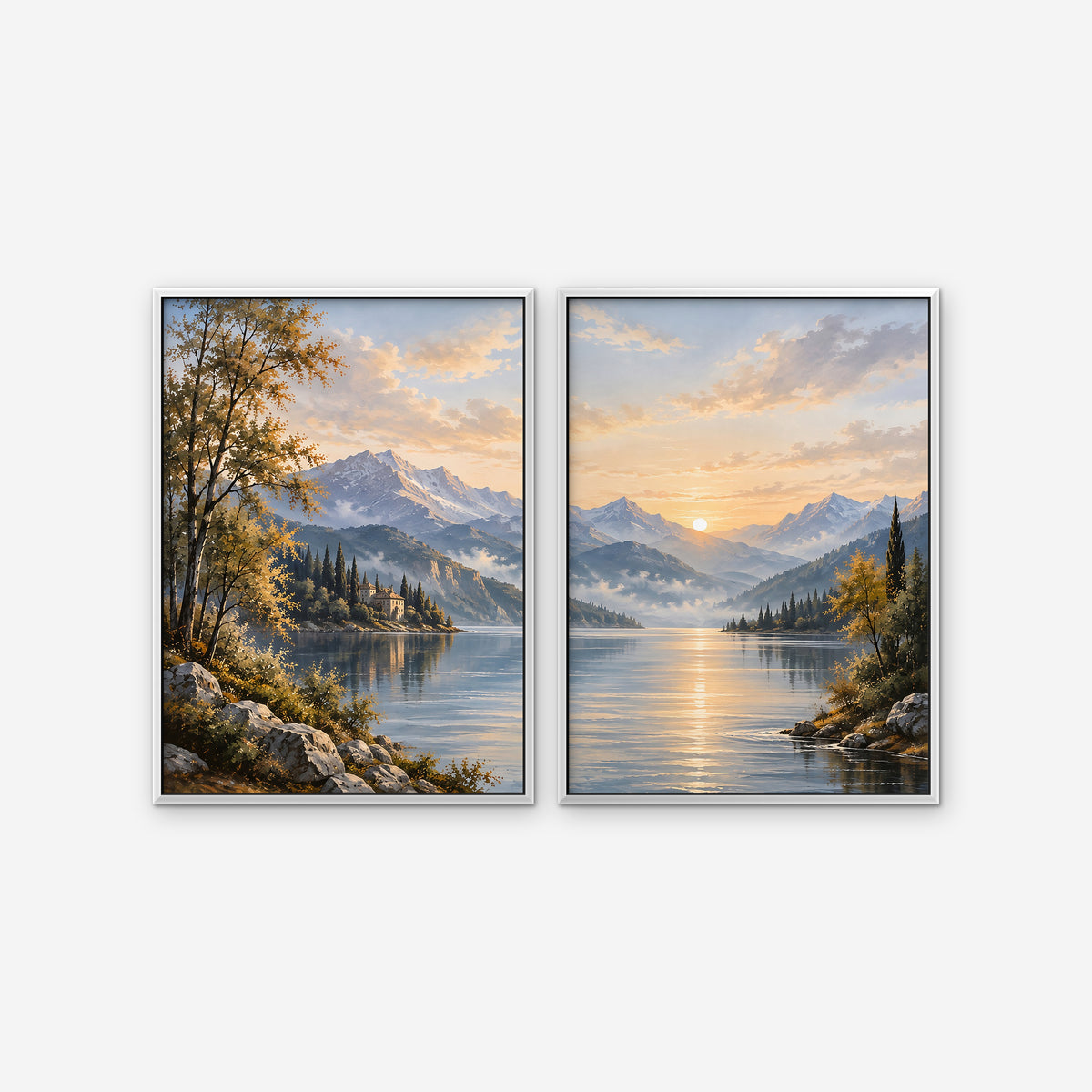 Mountain Lake Sunrise Canvas Art - Set of 2 – White Floating Frame on white background