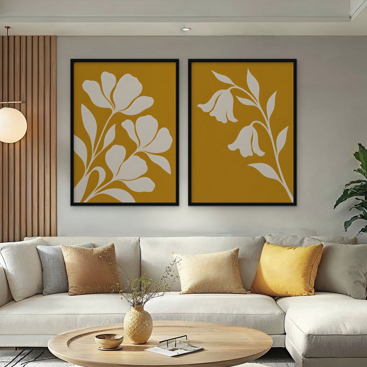 Mustard Floral Duo Canvas Art - Set of 2 – Black Floating Frame in room setting