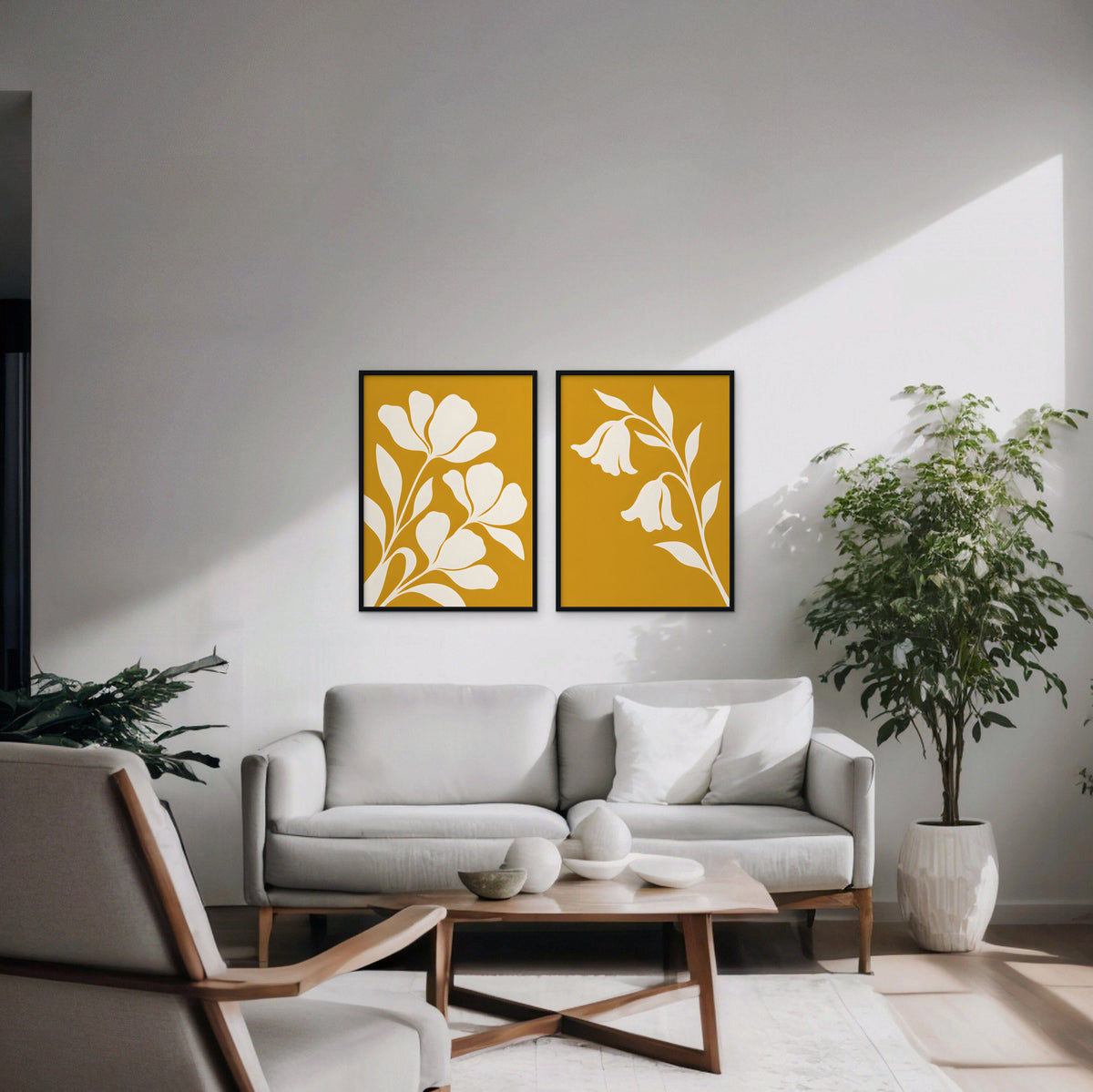 Mustard Floral Duo Canvas Art - Set of 2 – Black Floating Frame in room setting