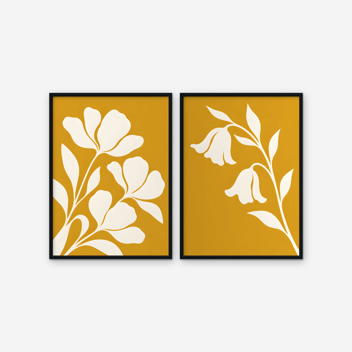 Mustard Floral Duo Canvas Art - Set of 2 – Black Floating Frame on white background