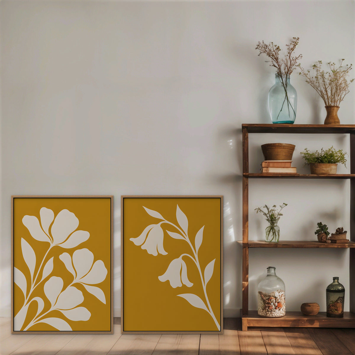 Mustard Floral Duo Canvas Art - Set of 2 – Oak Floating Frame in room setting