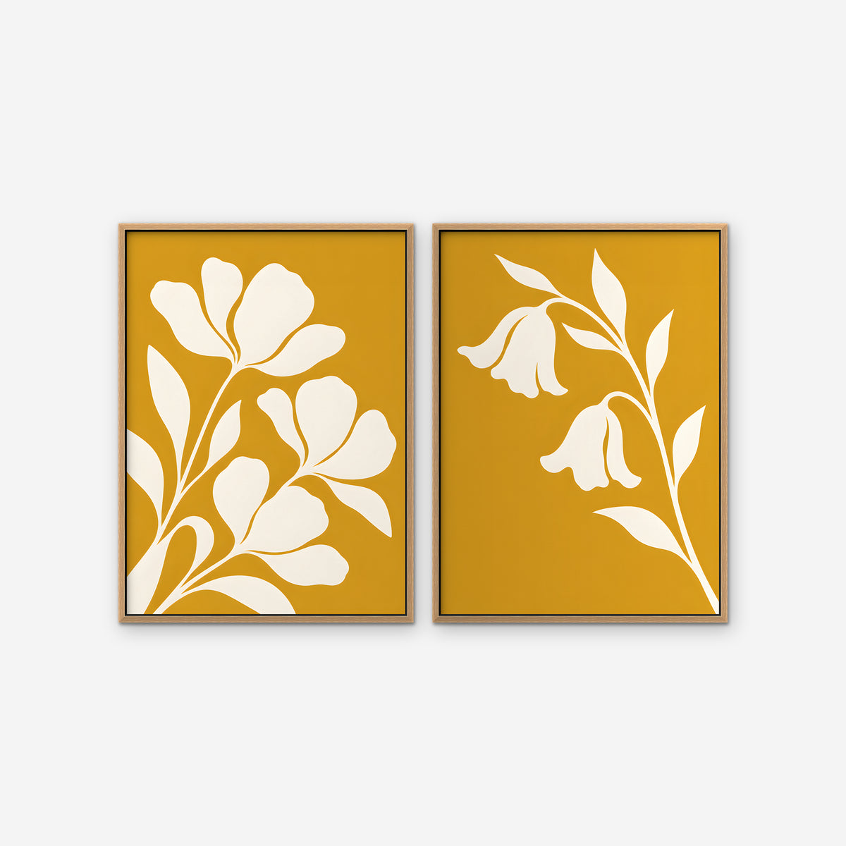 Mustard Floral Duo Canvas Art - Set of 2 – Oak Floating Frame on white background