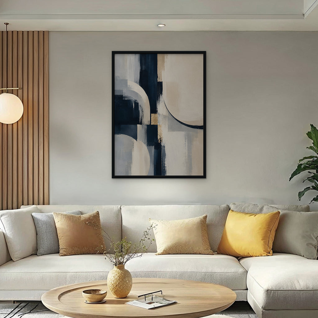 Navy and Cream Abstract Canvas Art - Vertical – Black Floating Frame in room setting