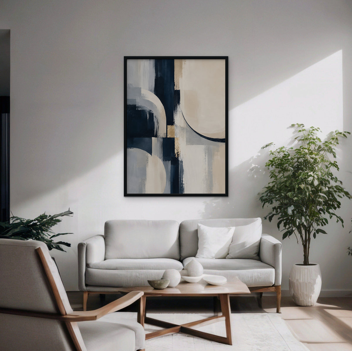 Navy and Cream Abstract Canvas Art - Vertical – Black Floating Frame in room setting