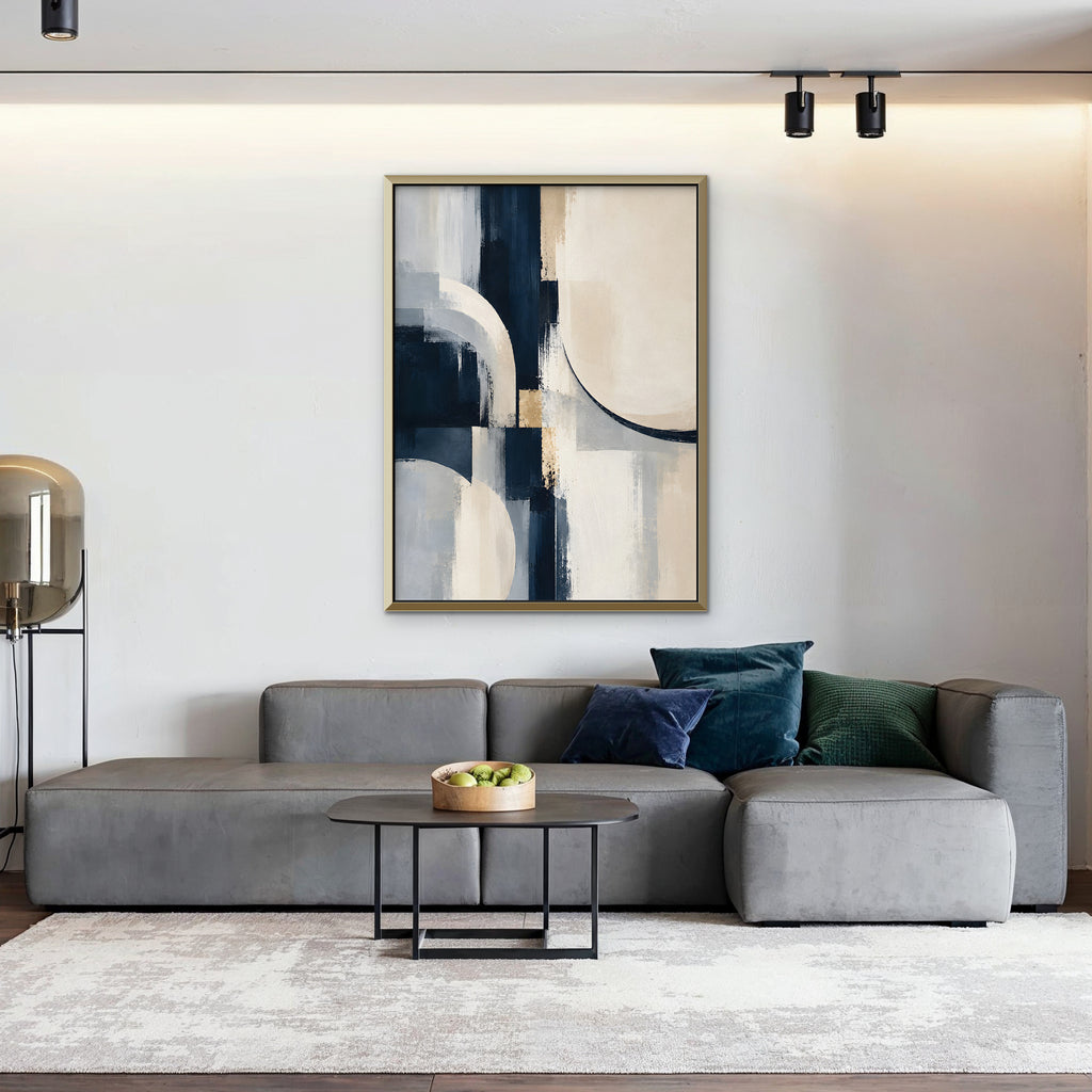 Navy and Cream Abstract Canvas Art - Vertical – Gold Floating Frame in room setting