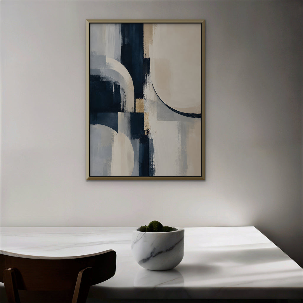 Navy and Cream Abstract Canvas Art - Vertical – Gold Floating Frame in room setting