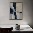Navy and Cream Abstract Canvas Art - Vertical – Gold Floating Frame in room setting